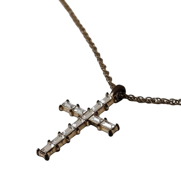 Vintage Cross Pendant Necklace bronze/gold with crystal/quartz gems - Picture 4 of 7